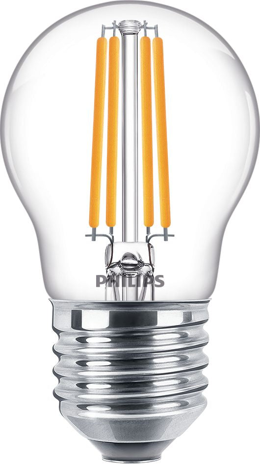 Philips Leuchtmittel E27 Globus P45 – Warmweiss 2700 K, 806 lm, 6,5 W – IP44 – 1 Stk. – Transparent – CorePro