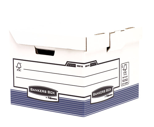 Fellowes Archivschachtel – für A4, B 377 × H 310 × T 395 mm, mit Deckel, mit Tragegriff, stapelbar, blau