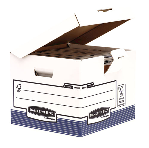 Fellowes Archivschachtel – für A4, B 377 × H 310 × T 395 mm, mit Deckel, mit Tragegriff, stapelbar, blau