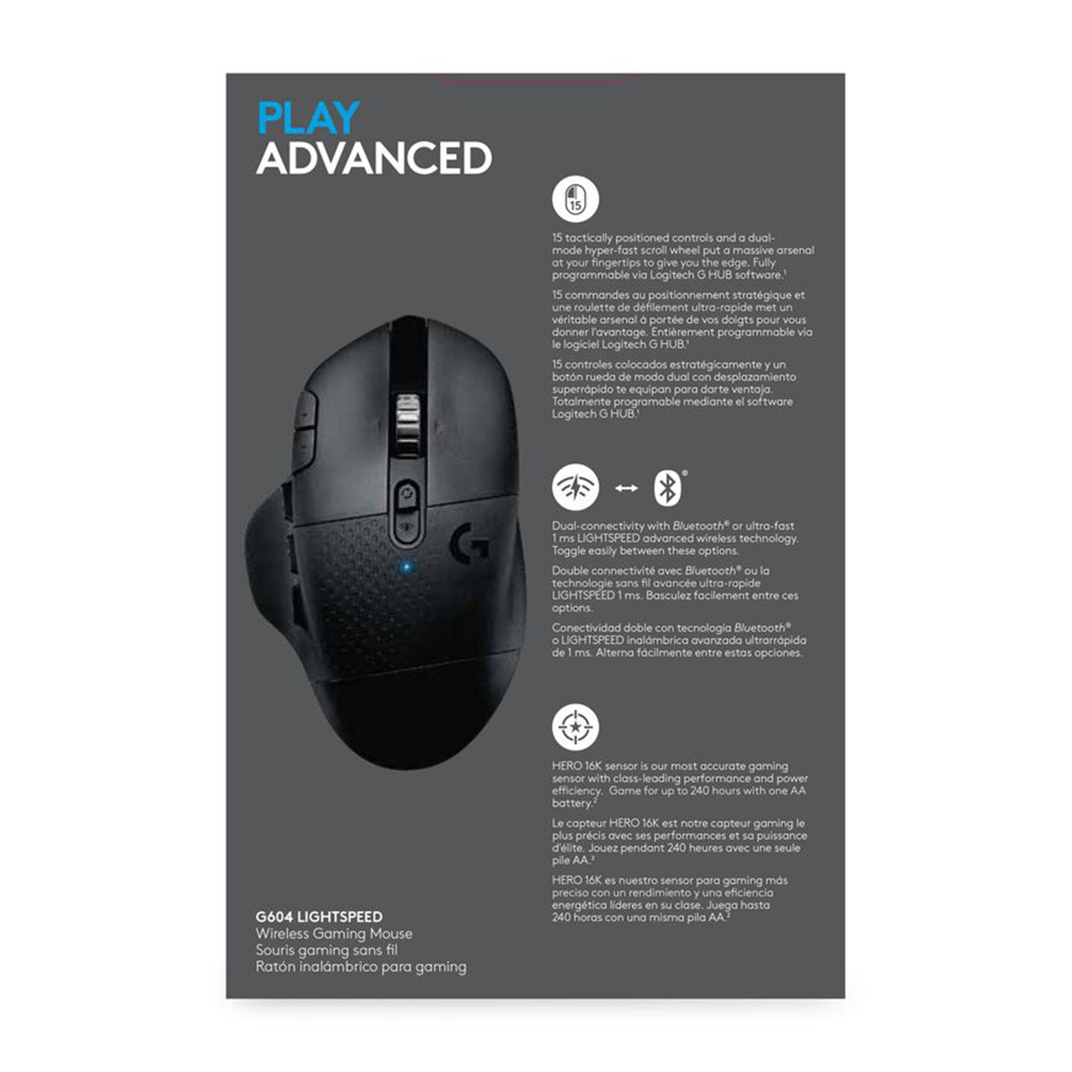 Logitech G G604 – Gaming-Maus – Kabellos (Bluetooth/2,4 GHz), 25600 DPI, Rechts, Schwarz