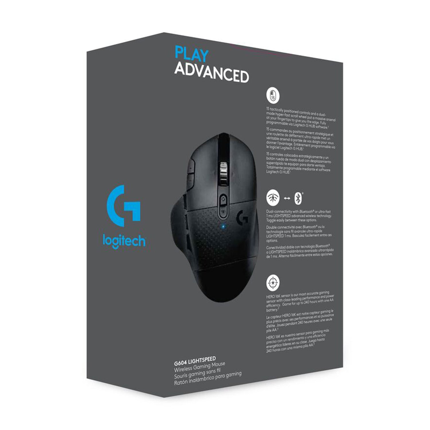 Logitech G G604 – Gaming-Maus – Kabellos (Bluetooth/2,4 GHz), 25600 DPI, Rechts, Schwarz