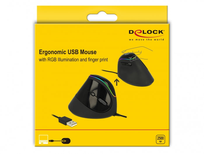 DeLOCK 12597 Ergonomische Maus – kabelgebunden, vertikal, RGB-Beleuchtung, Daumentaste, schwarz