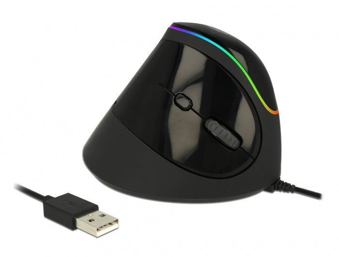 DeLOCK 12597 Ergonomische Maus – kabelgebunden, vertikal, RGB-Beleuchtung, Daumentaste, schwarz