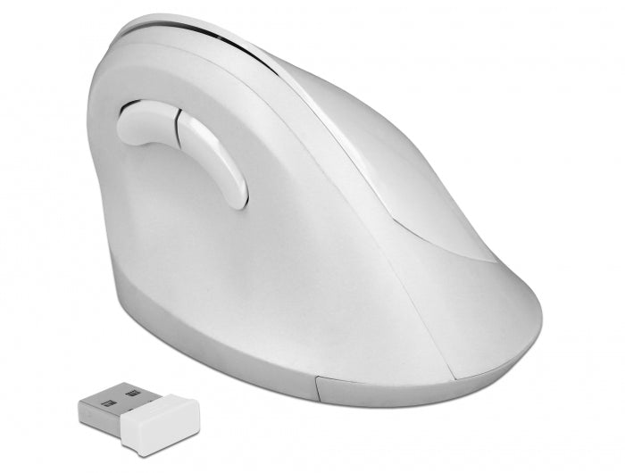 DeLOCK 12596 Ergonomische Maus – kabellos, 2,4 GHz, USB-A, für Rechtshänder, vertikal, Ein-/Ausschalter, weiss