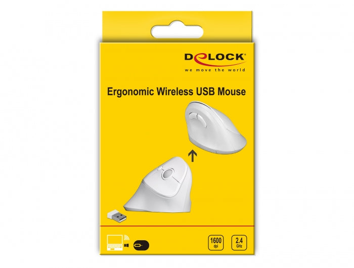 DeLOCK 12596 Ergonomische Maus – kabellos, 2,4 GHz, USB-A, für Rechtshänder, vertikal, Ein-/Ausschalter, weiss
