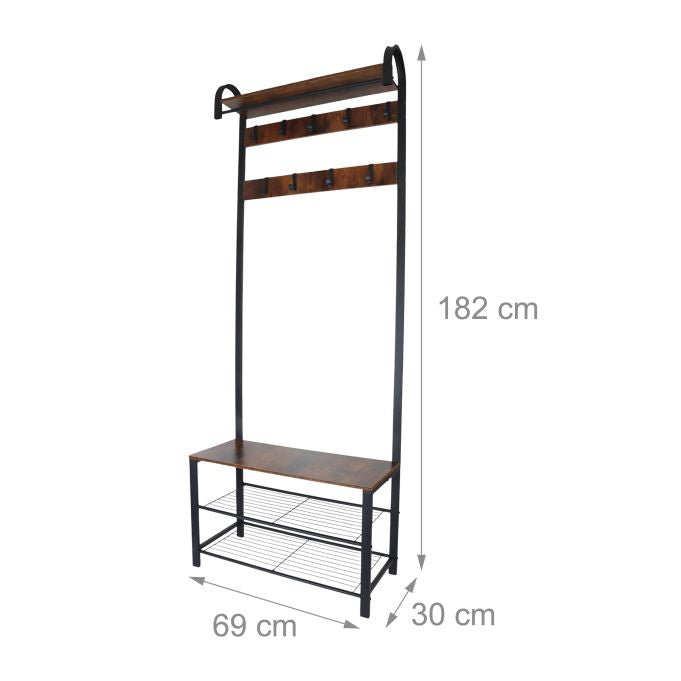 Relaxdays Garderobe mit Schuhregal – Stahl/MDF, Schwarz/Dunkelbraun, 69 × 30 × 182 cm, Traglast 95 kg
