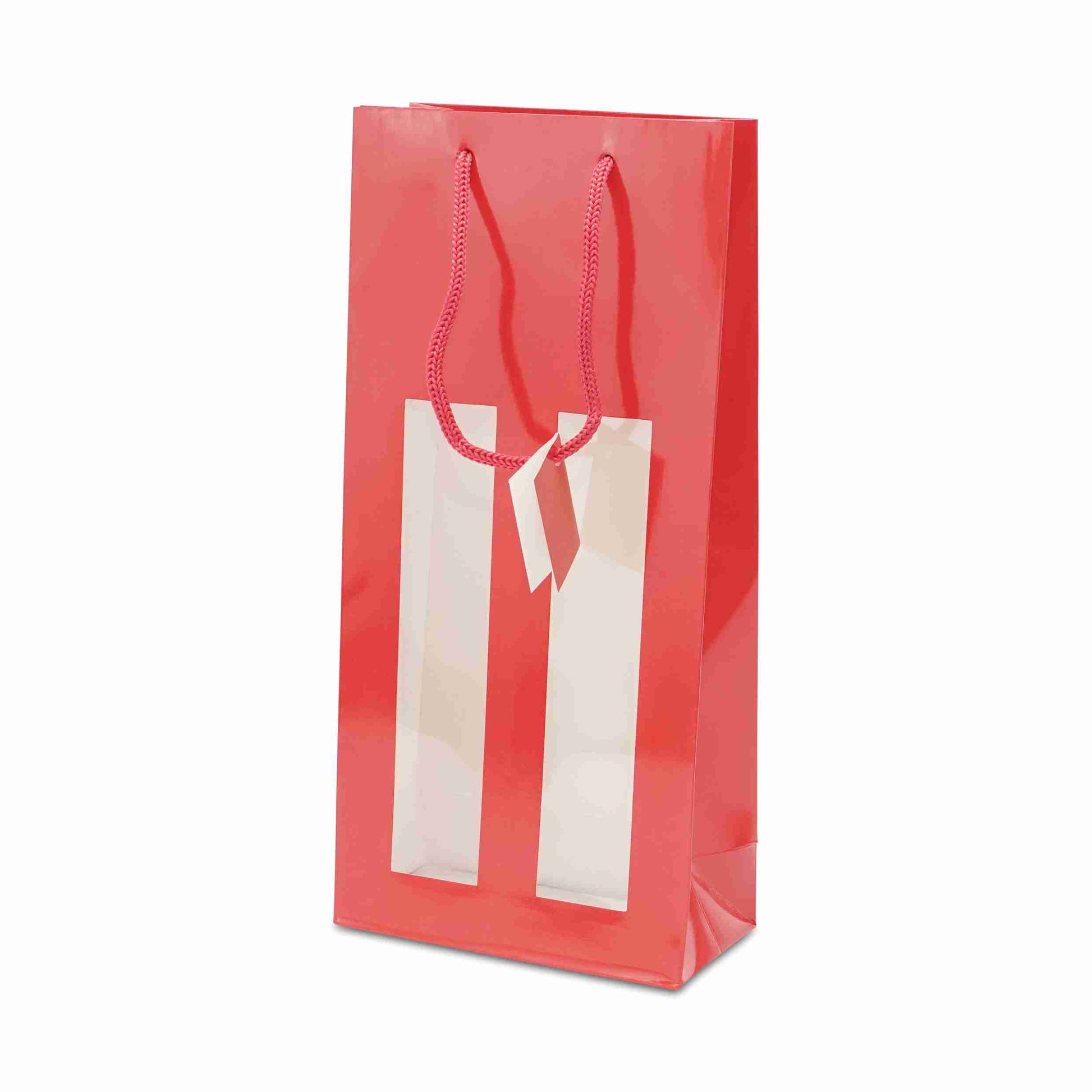 Flaschentüte Kraftpapier glänzend rot – 180 × 380 × 88 mm – Sichtfenster, Kordel – für 2 Flaschen – 1 Stk., ab 240 Stk.