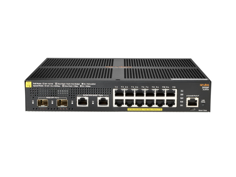 HPE Aruba 2930F 12G – Managed Switch – 12×GbE, 2×SFP+, L3, PoE+ 139 W, 1U
