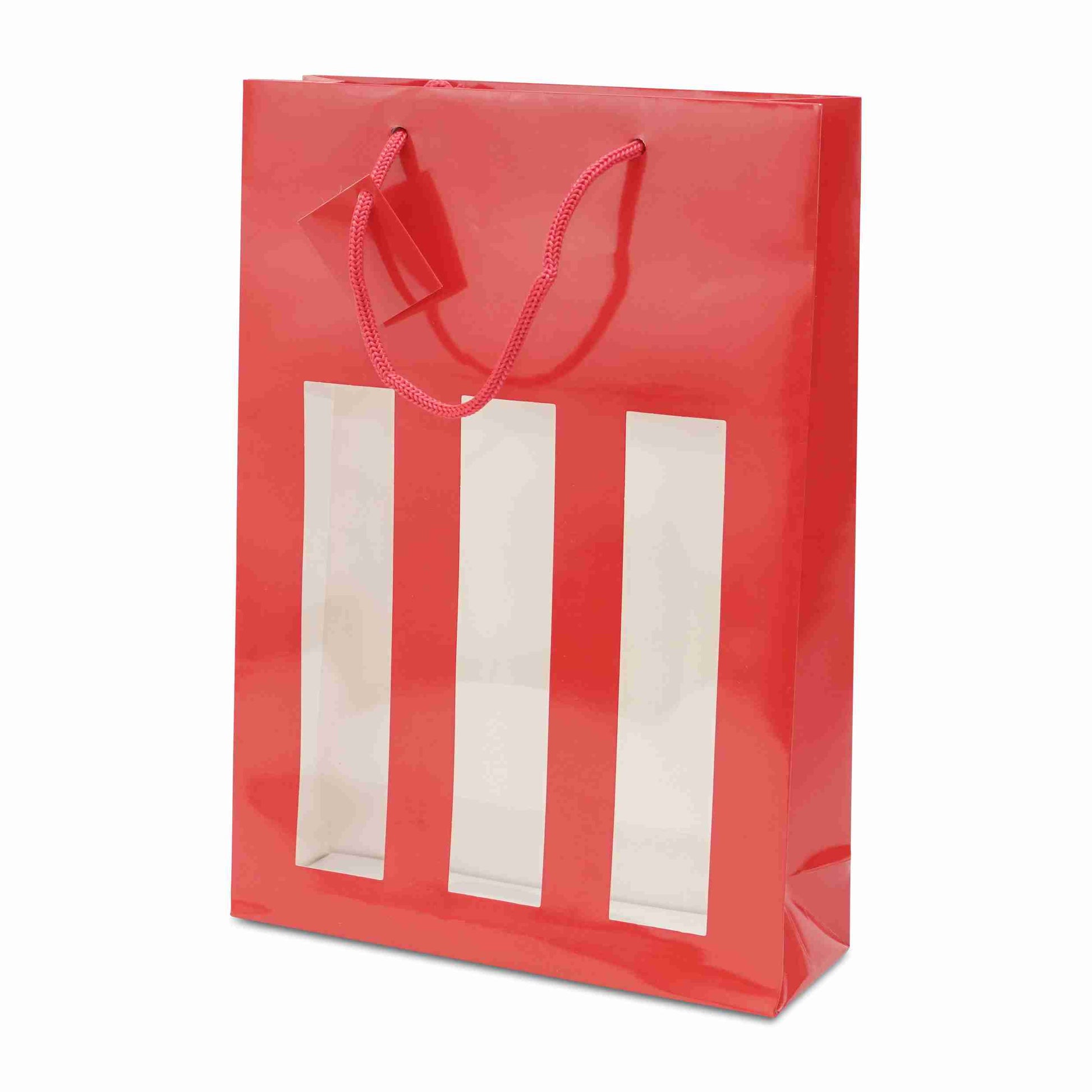 Model Flaschentüte glänzendes Kraftpapier rot mit Sichtfenster, Kordel – 270 × 380 × 90 mm – für 3 Flaschen – 1 Stk., ab 480 Stk.