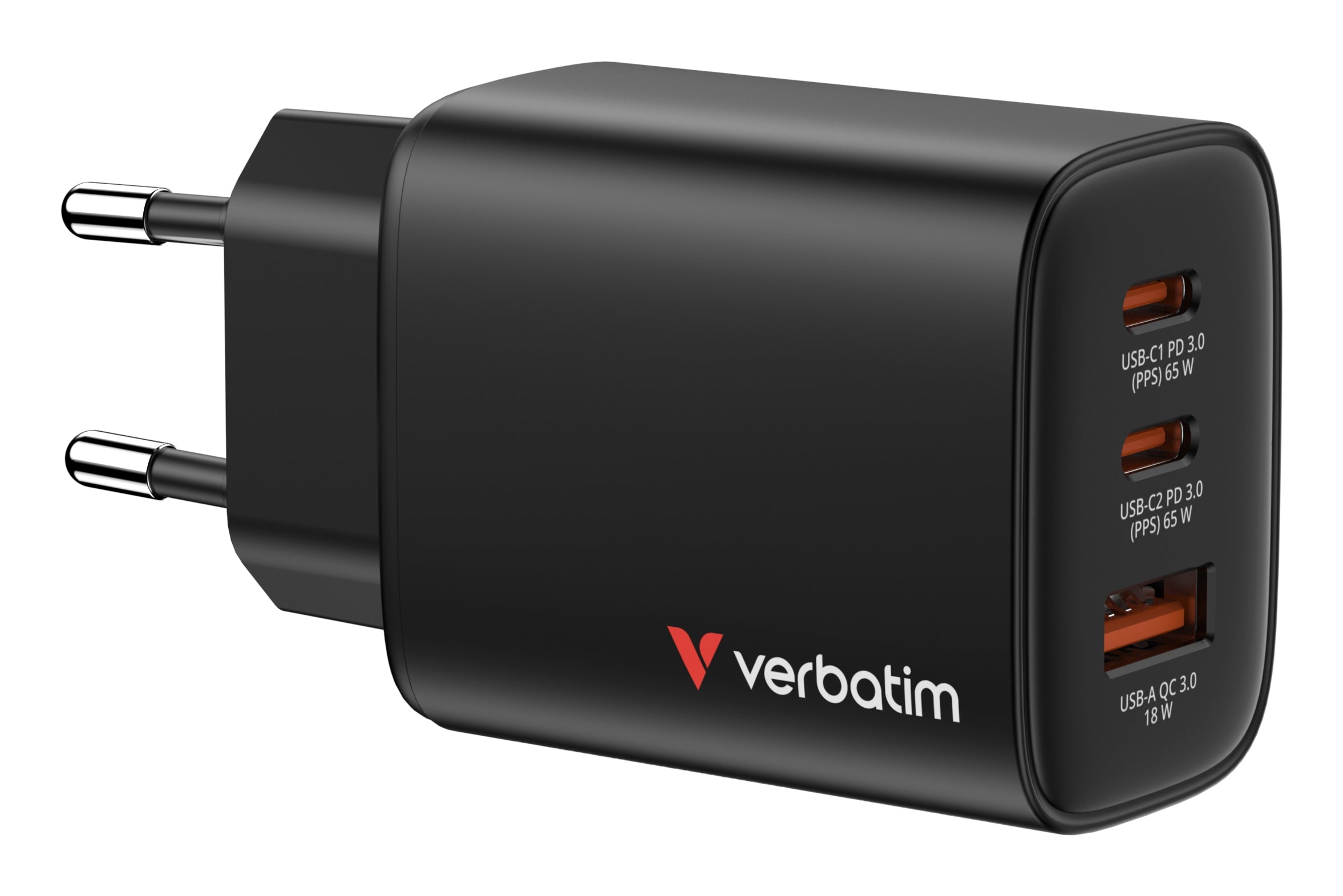 Verbatim Essentials USB-Ladegerät 65 W – USB-C×2, USB-A×1 – PD 3.0, QC 3.0, PPS, GaN – EU-Stecker (Typ C) – sc