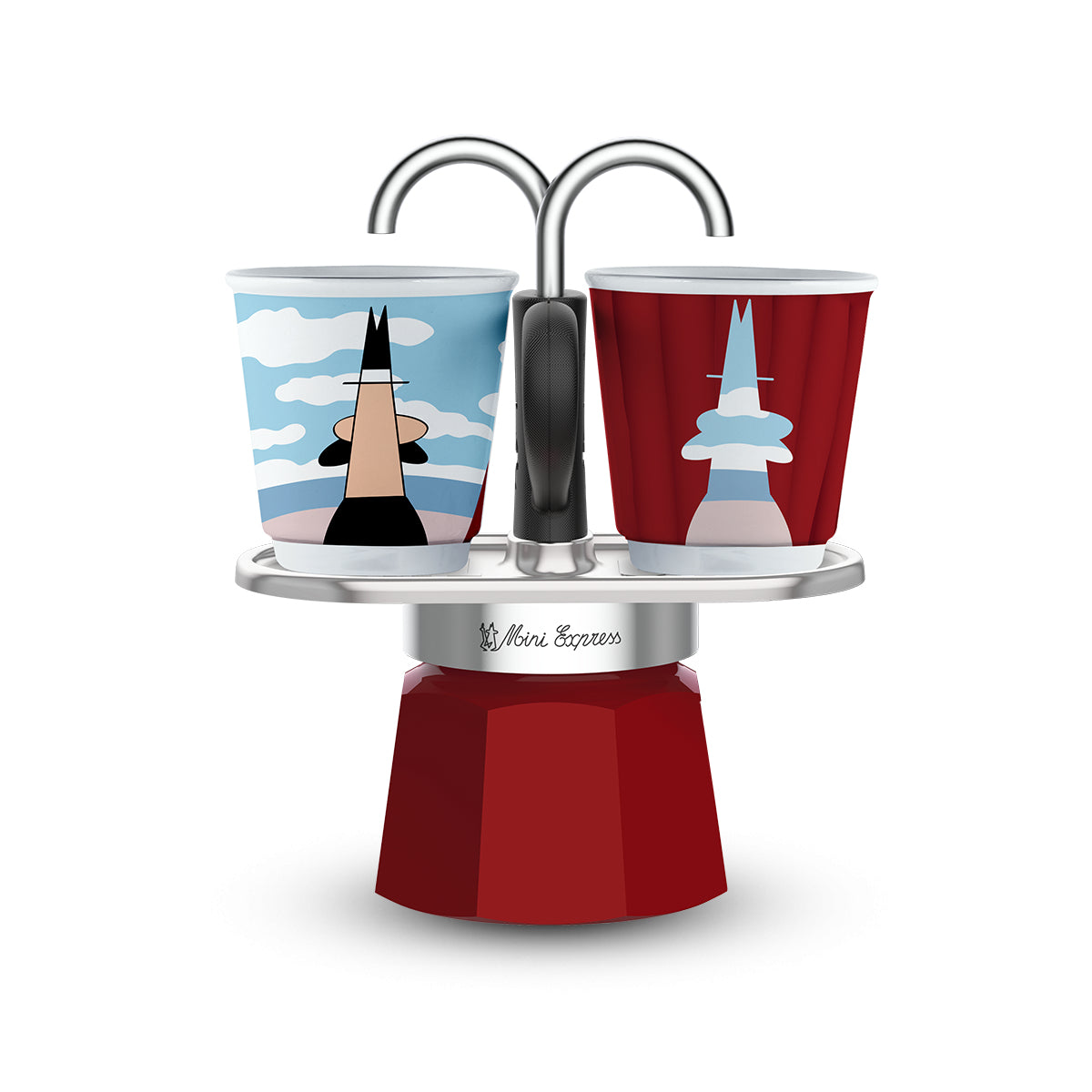 Bialetti Mini Express Magrite French Press / Kaffeebereiter – für Gasherde, 0,1 l, 2 Tassen, Aluminium, Rot