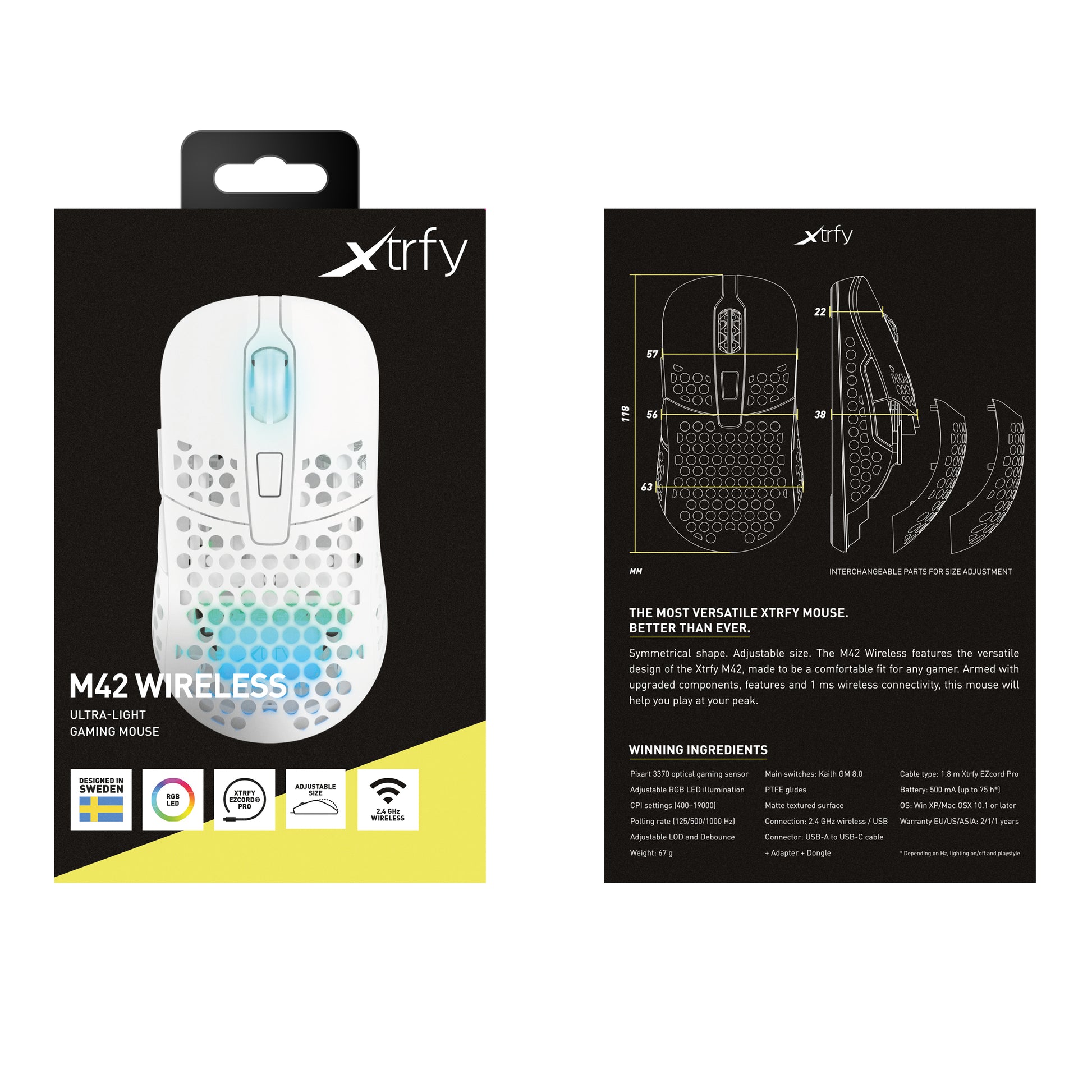 CHERRY XTRFY M42 – Gaming-Maus – Kabellos (2,4 GHz), 19000 DPI, RGB-Beleuchtung, beidhändig, Weiss