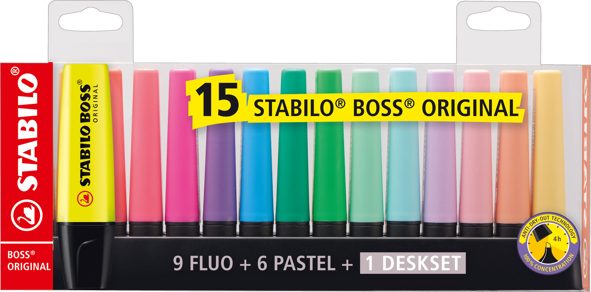 STABILO BOSS Original Textmarker Desktop Set 15 Farben – Keilspitze, 2–5 mm, nachfüllbar
