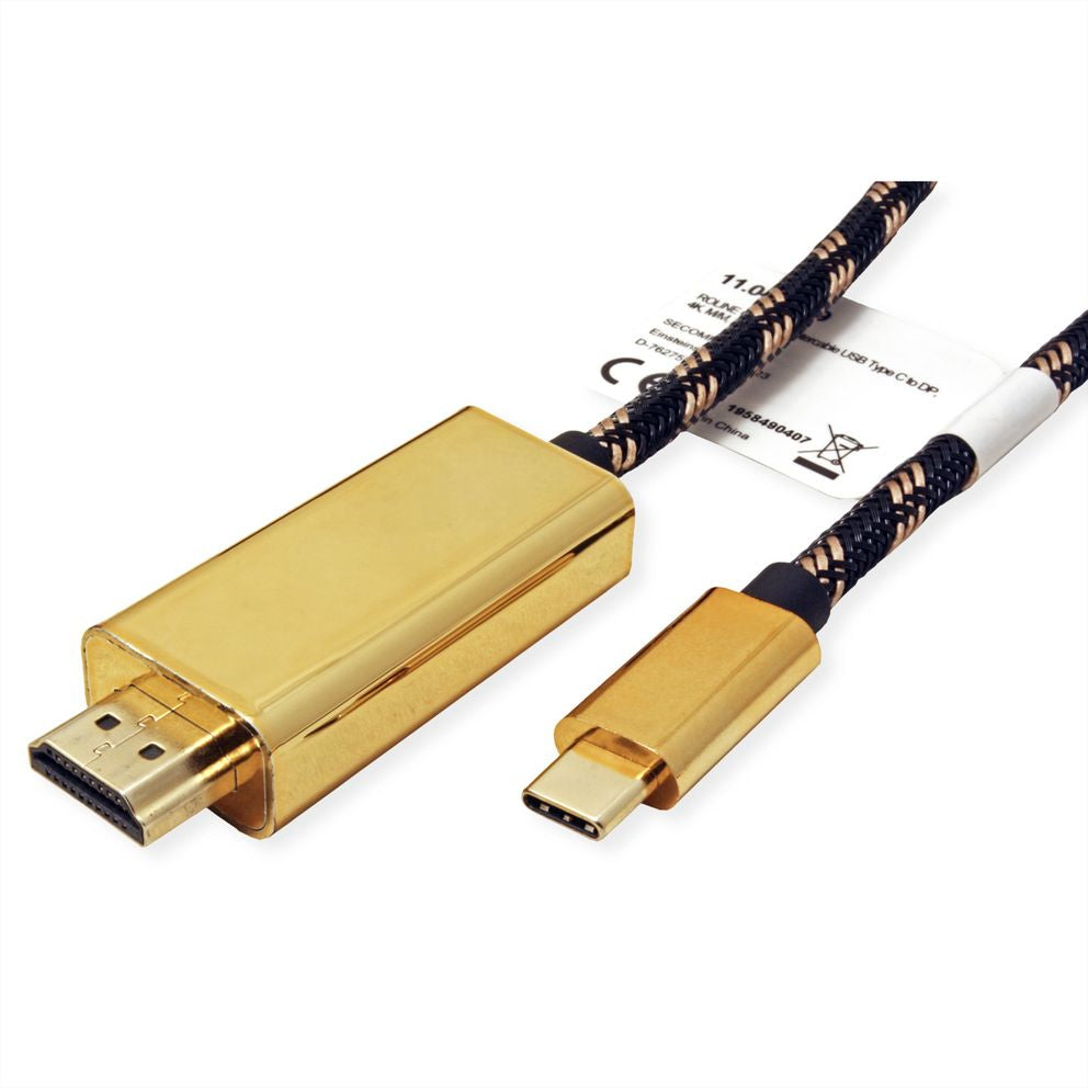 ROLINE USB-C zu HDMI Kabel – 4K (3840 × 2160) @ 60 Hz, 2 m, Schwarz/Gold