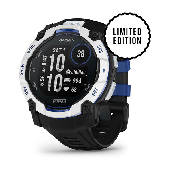Garmin Instinct 3 50 mm GPS – faserverstärkter Kunststoff Weiss, Sportarmband, Dunkelblau, 100 m, für iPhone