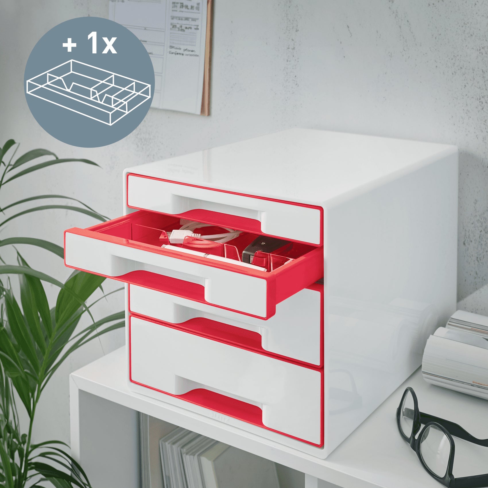 Leitz WOW CUBE Schubladenelement – 4 Schubladen, für A4+, weiss/rot, B 287 × H 363 × T 270 mm