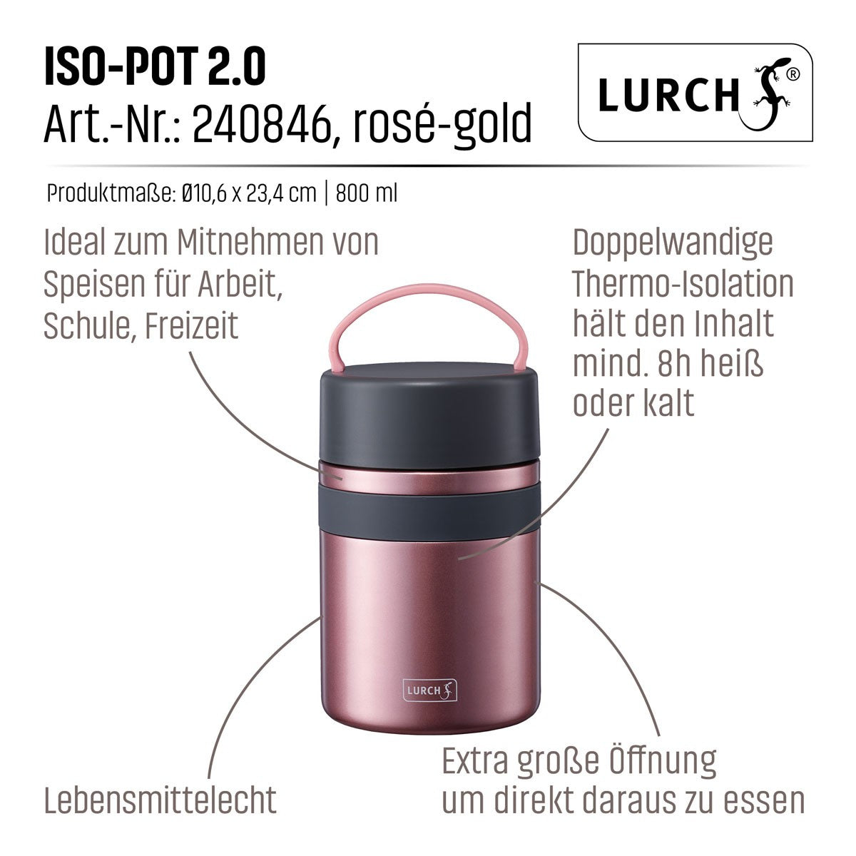 Lurch Isolierte Lunchbox 800 ml, Ø 11 × 19 cm, Edelstahl, Roségold