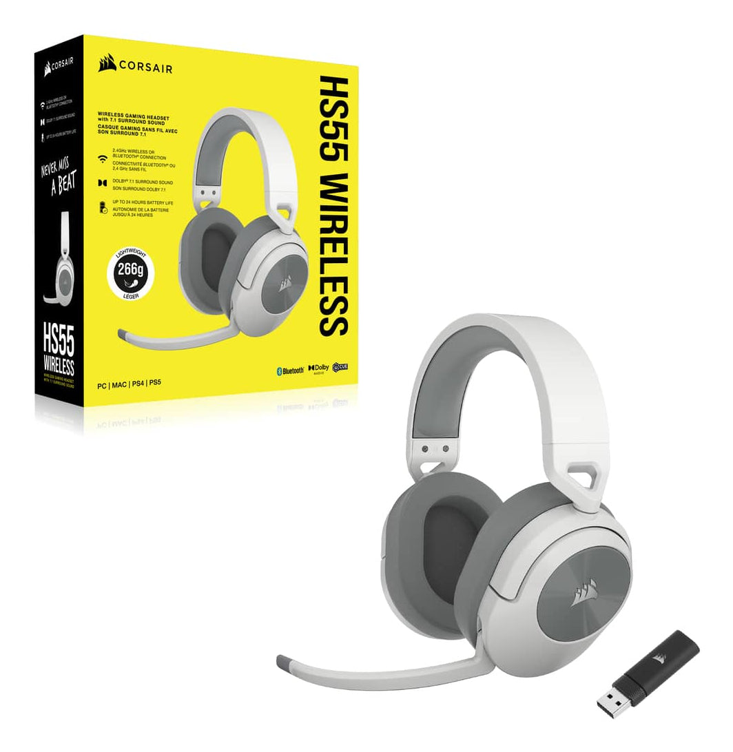 Corsair HS55 WIRELESS – Gaming-Headset, Over-Ear – 2,4 GHz/Bluetooth 5,2, mit Mikrofon – Weiss