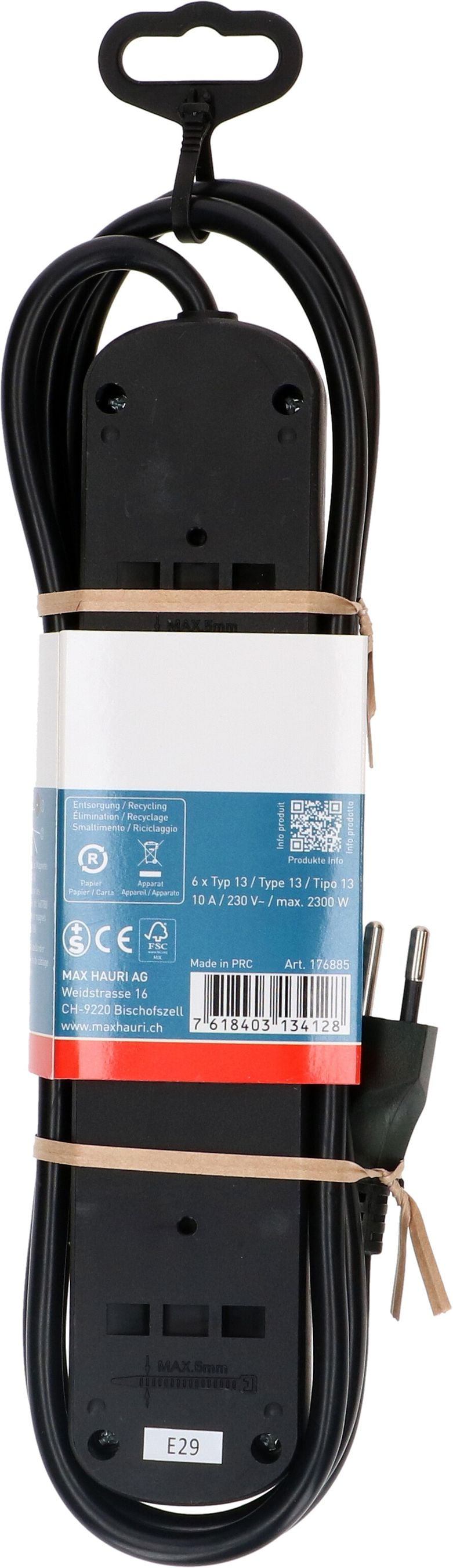Max Hauri AG Max Hauri Steckdosenleiste – 6×T13, 1,5 m, Schalter, IP20