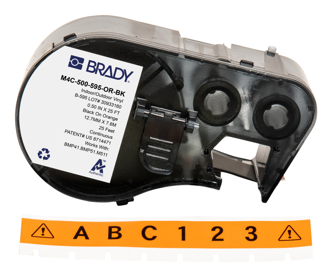 Brady M4C-500-595-OR-BK Vinyl-Industrieband – schwarz auf orange – 12,7 mm, glänzend – für Brady BMP41/51/53