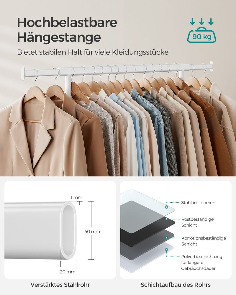 Songmics Garderobenständer (mit Rollen, 90 kg Tragkraft) – Stahl – Weiss – 1'600 mm