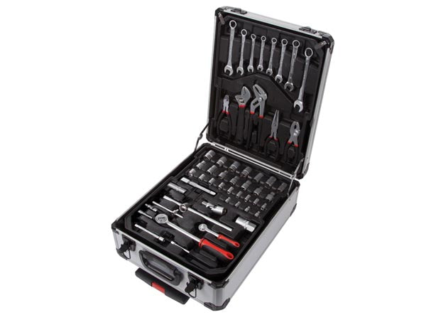 Toolland Werkzeugkasten, silber, Ausziehgriff, 2 Rollen, 4 Fächer, bestückt, 260-teilig