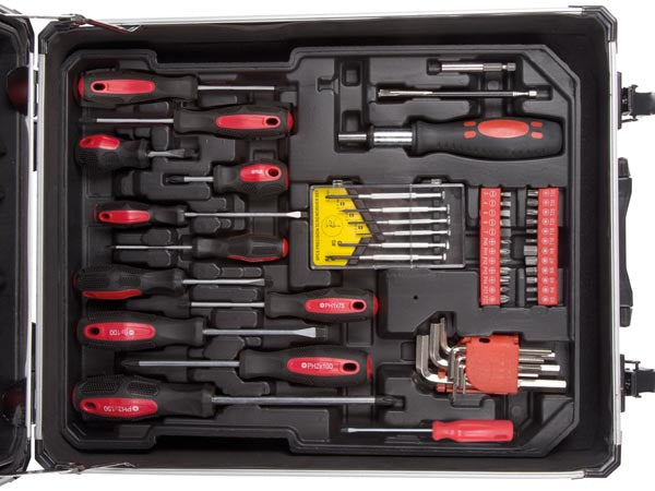 Toolland Werkzeugkasten, silber, Ausziehgriff, 2 Rollen, 4 Fächer, bestückt, 260-teilig