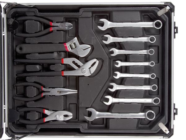 Toolland Werkzeugkasten, silber, Ausziehgriff, 2 Rollen, 4 Fächer, bestückt, 260-teilig