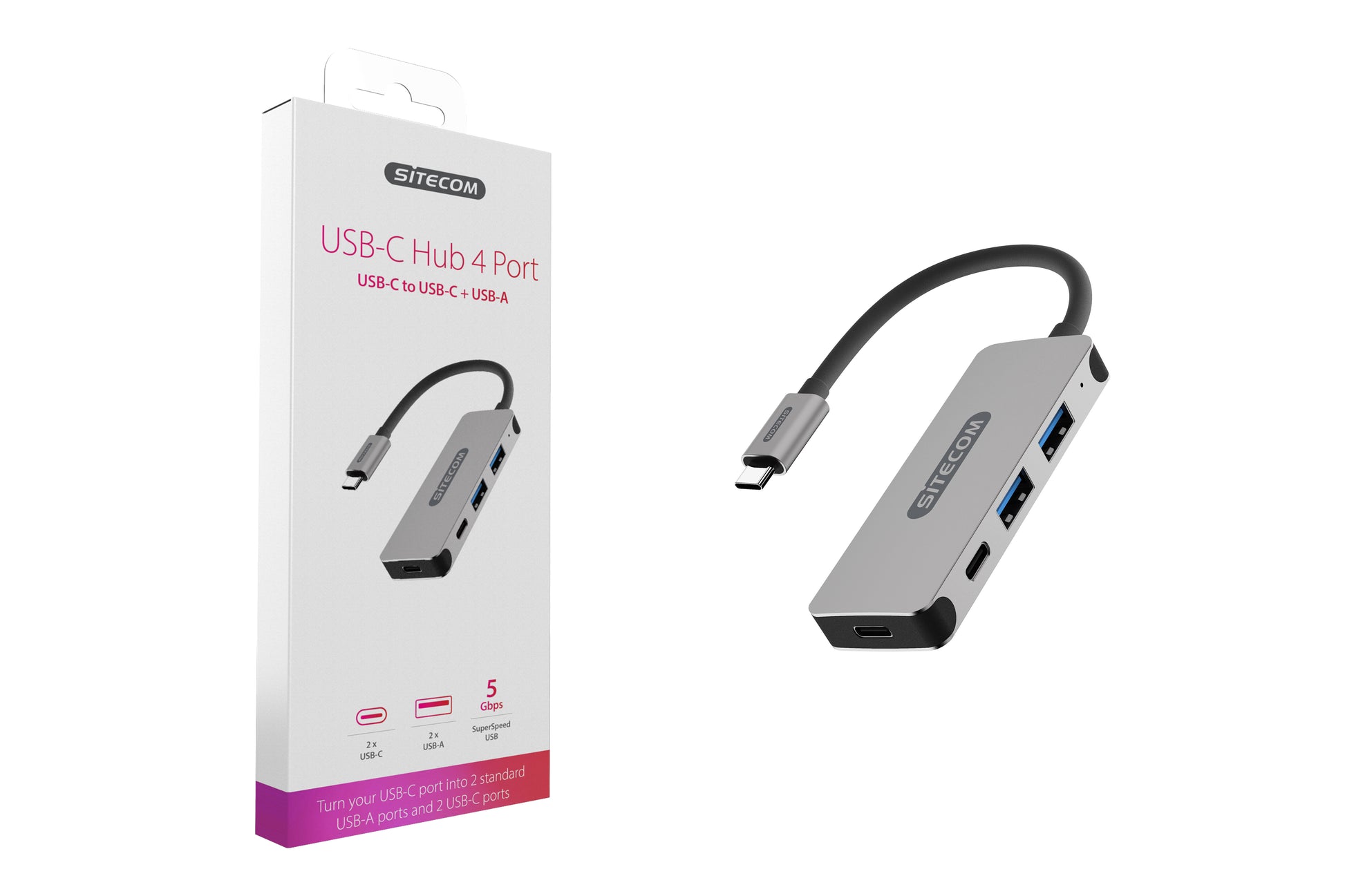 Sitecom CN-384 USB-Hub – USB-C, 2× USB-A, 2× USB-C, für alle Betriebssysteme