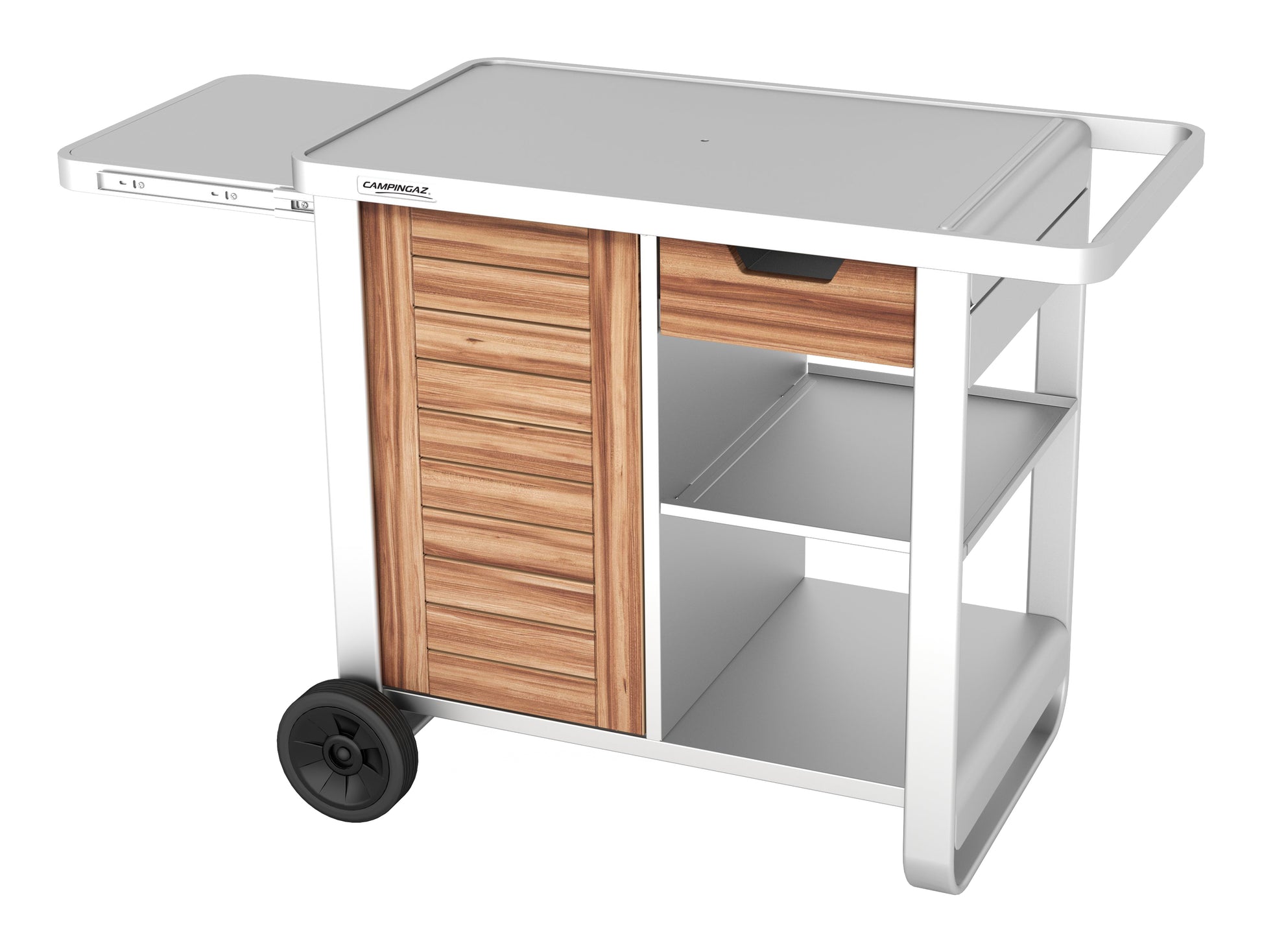 Campingaz Wagen, 1 Regal, 2 Räder mit Lenkrollen, Silber/Holz