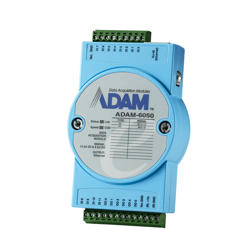 Advantech DI/O-Modul (Ethernet) – 18 Kanäle (12 DI/6 DO), Modbus/TCP, 1× RJ-45, 30 V – Blau – ADAM-6050-D1