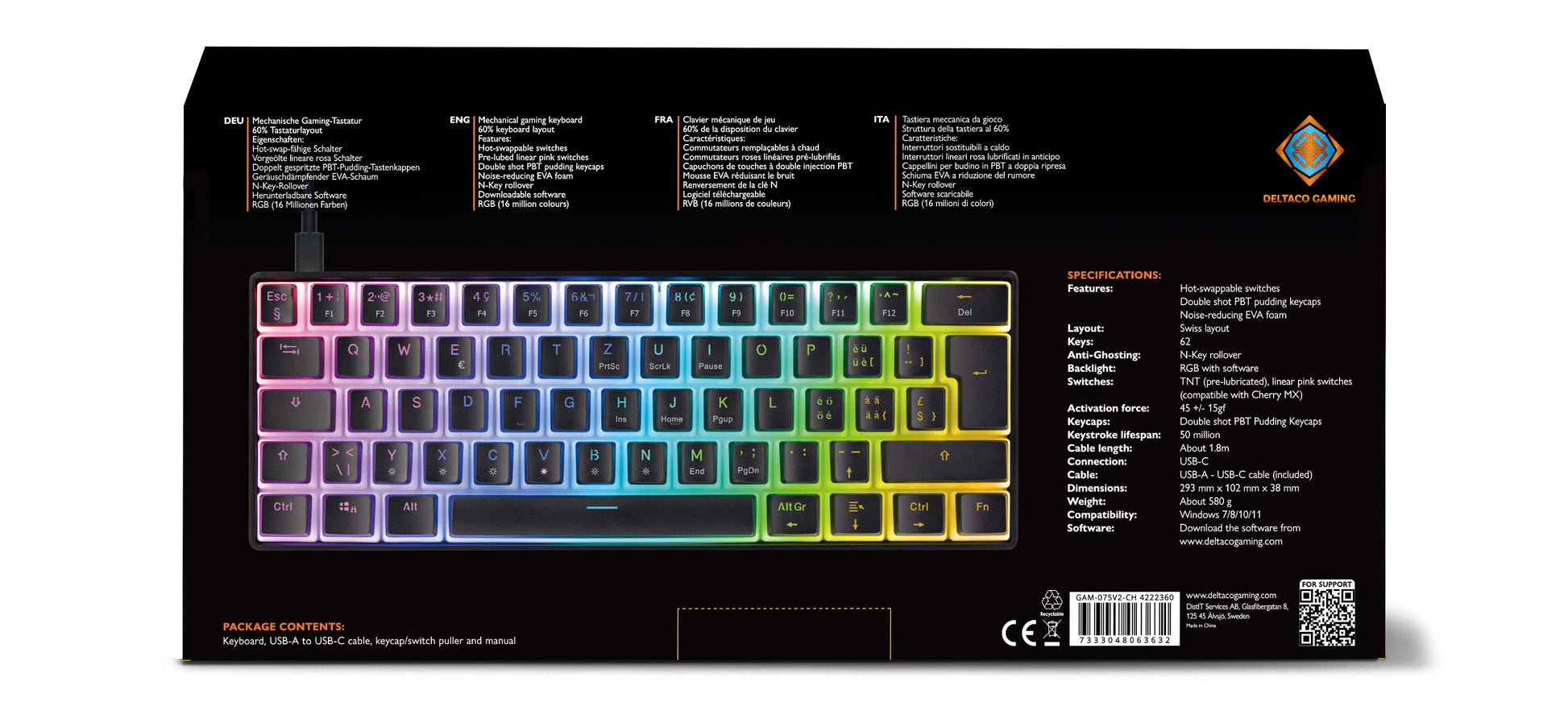 Deltaco Gaming GAM-075V2 – Gaming-Tastatur 60% – Mechanisch – USB-C – RGB – QWERTZ (CH) – Schwarz