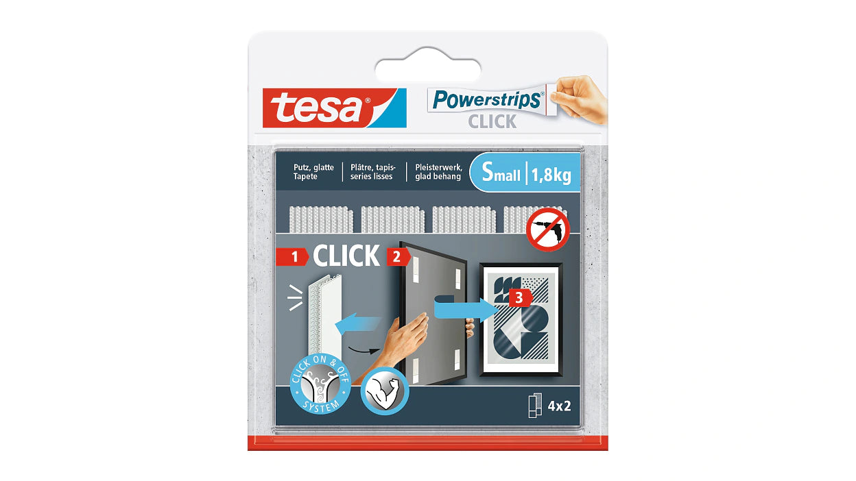 Tesa Montageband Powerstrips Click, für glatte Oberflächen – 20 mm × 0,06 m, weiss, bis 1,8 kg