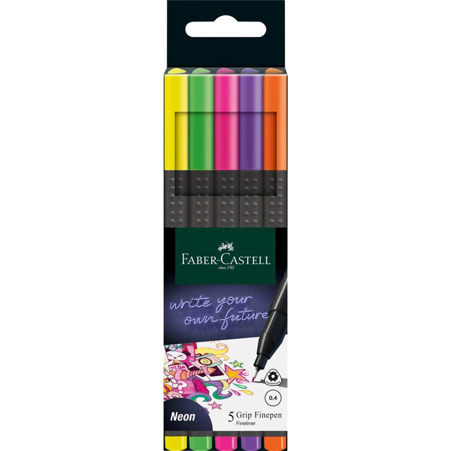 Faber-Castell Finepen Grip Fineliner Set – 5 Stk., 0,4 mm, Neon