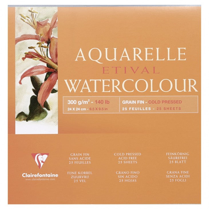 Clairefontaine ETIVAL Aquarellblock – 24 × 24 cm – 300 g/m² – geleimt – 25 Blatt, für Aquarell