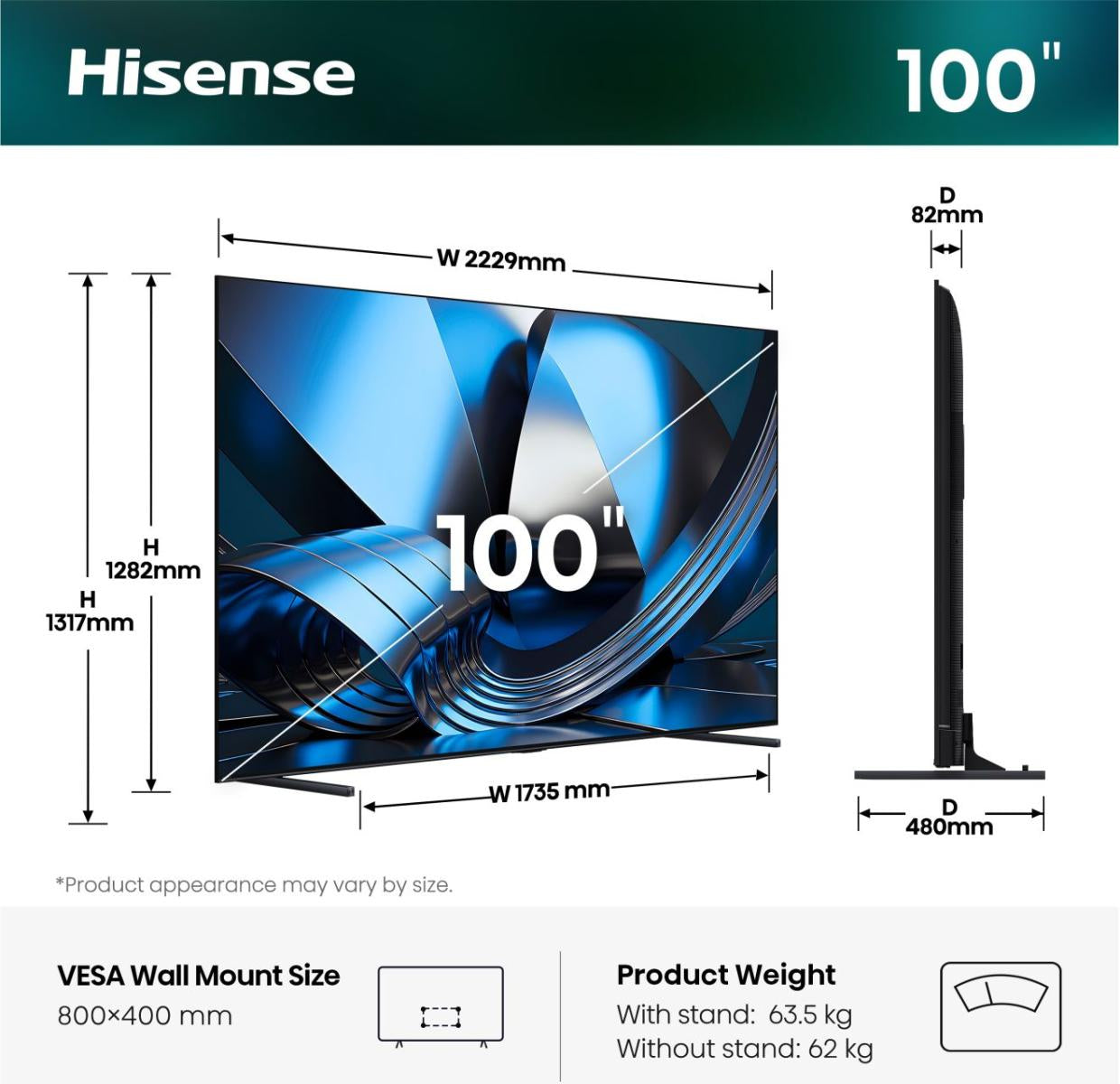 Hisense 100U7DSE – 100" Mini-LED TV – 4K UHD – VIDAA – 165 Hz – Dolby Vision
