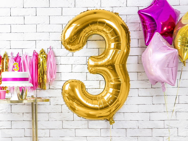 PartyDeco Folienballon Zahl 3 – Gold – 86 cm – Folie – 1 Stück