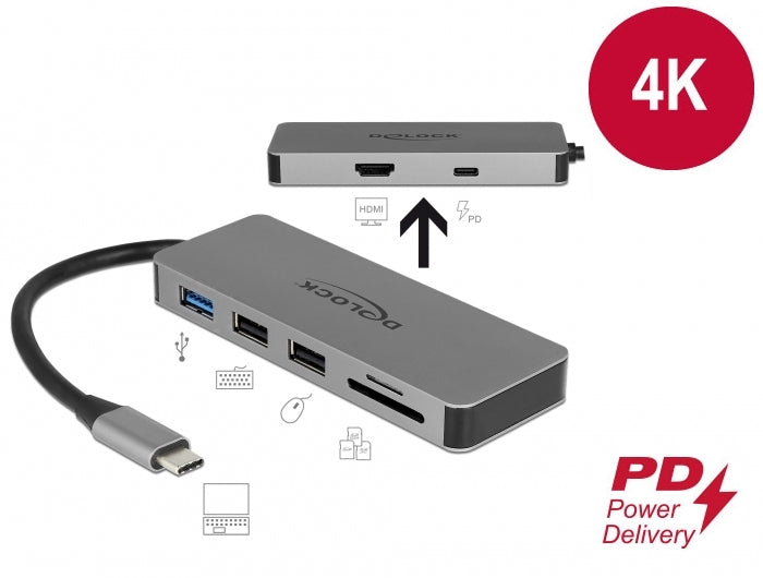 DeLOCK 87743 Dockingstation – USB-C, 1× HDMI, 3× USB-A, 87 W PD, SD/microSD, für Windows/Mac/Linux
