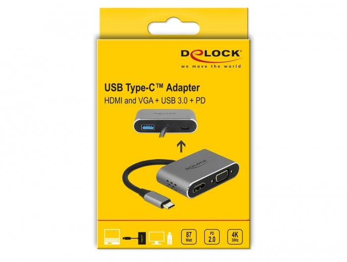 DeLOCK 64074 Multiport-Adapter – USB-C, 1× HDMI, 1× VGA, 1× USB-A, 1× USB-C, 87 W PD, für Windows/Mac/Android