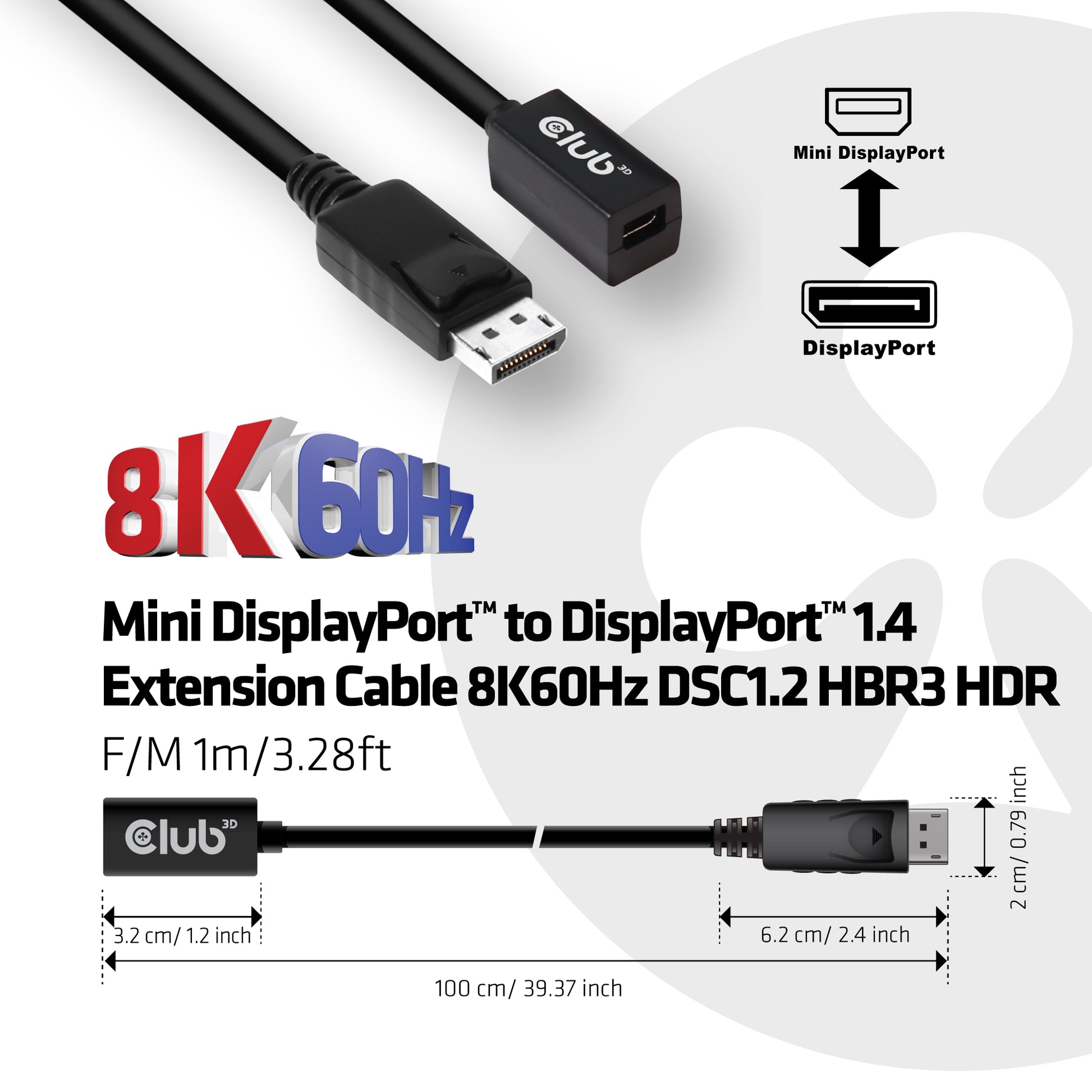 CLUB3D Club 3D DisplayPort Verlängerung DP 1.4 8K 60 Hz – 1 m – HDR