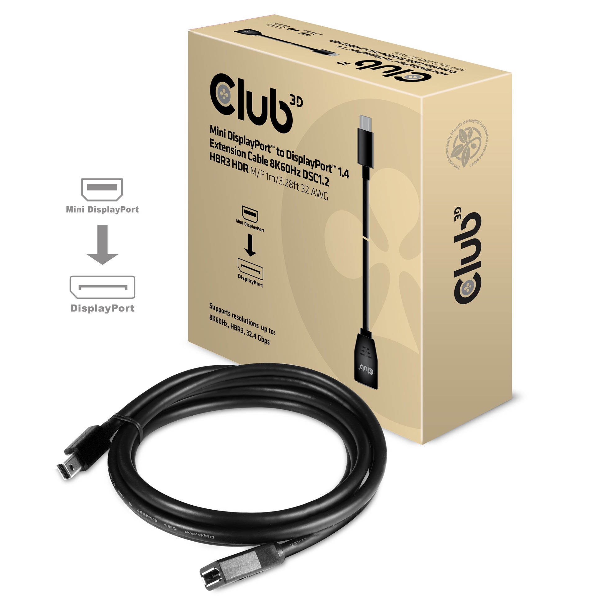 CLUB3D Club 3D Mini DisplayPort auf DisplayPort Verlängerungskabel DP 1.4 8K 60 Hz – 1 m – HDR