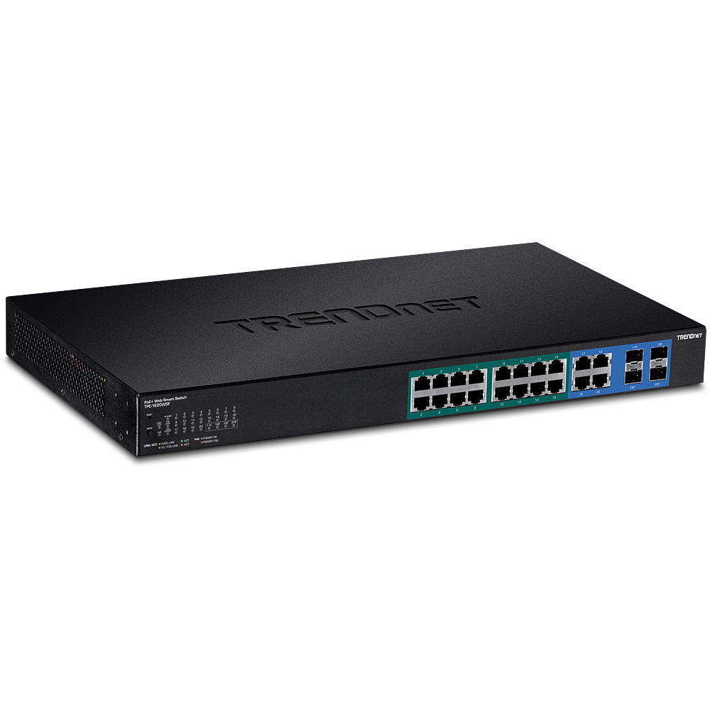 TRENDnet TPE-1620WSF – Smart L2/L3 Switch – 16× 1G PoE+, 4× 1G (RJ-45/SFP), PoE-Budget 370 W, 19", 1U