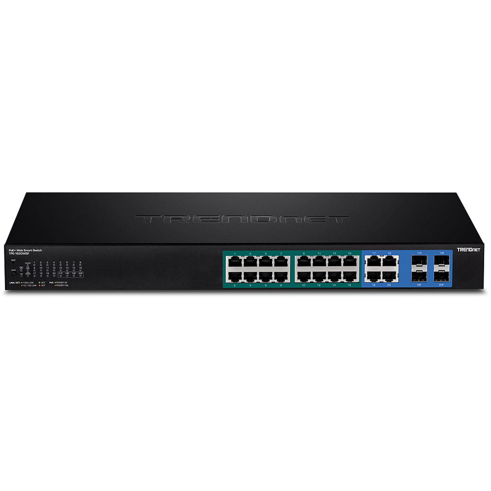 TRENDnet TPE-1620WSF – Smart L2/L3 Switch – 16× 1G PoE+, 4× 1G (RJ-45/SFP), PoE-Budget 370 W, 19", 1U