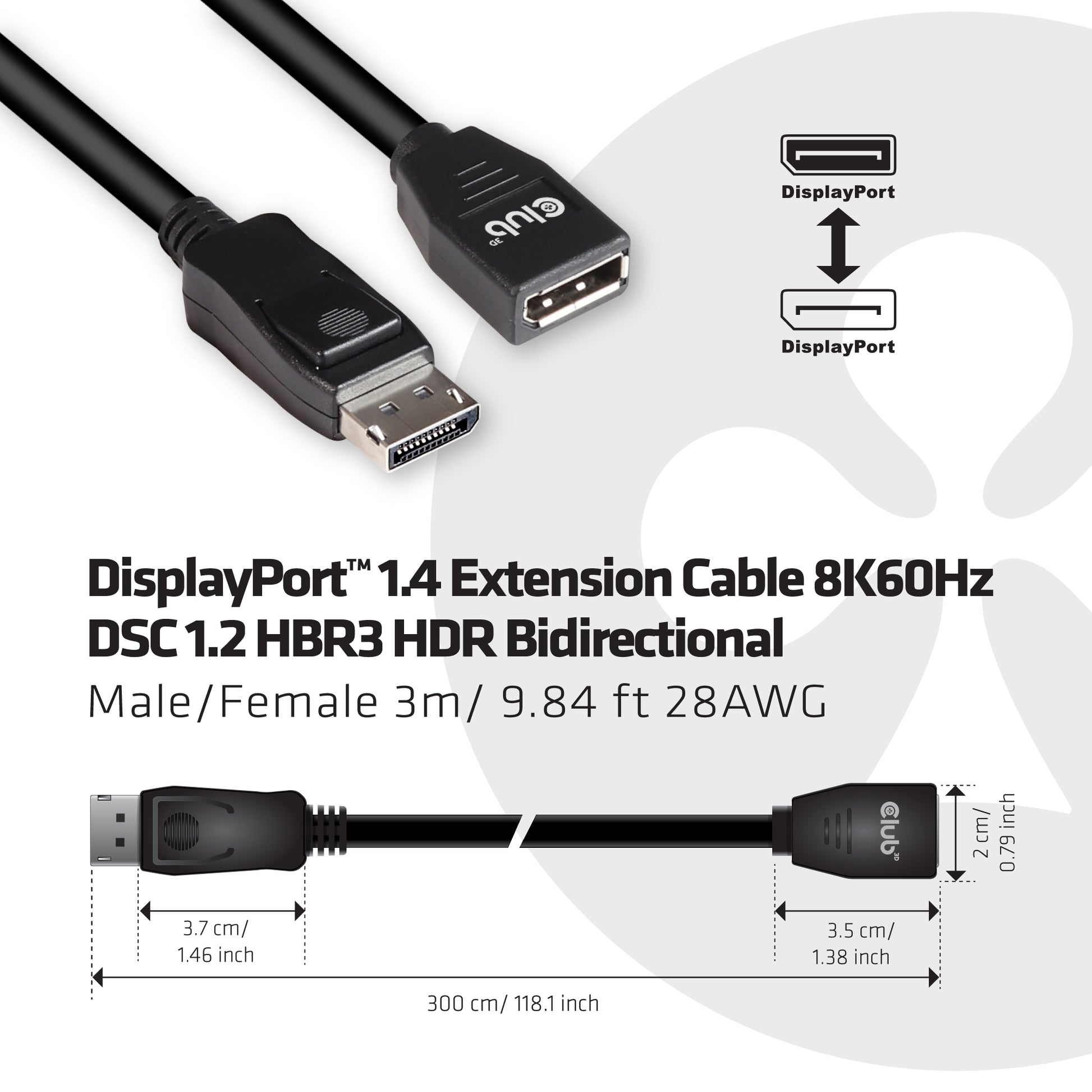 CLUB3D DisplayPort Verlängerung DP 1.4 8K 60 Hz – 3 m – HDR