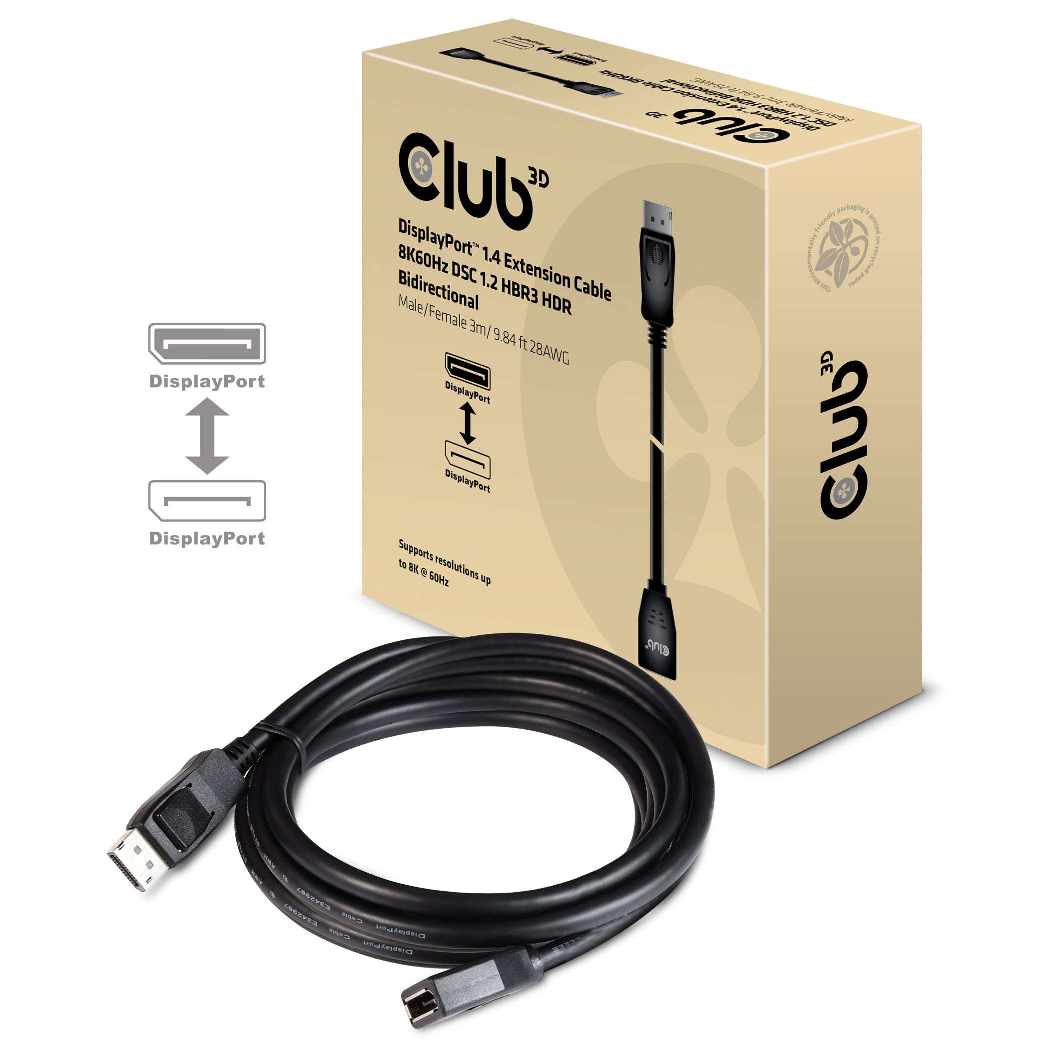 CLUB3D DisplayPort Verlängerung DP 1.4 8K 60 Hz – 3 m – HDR