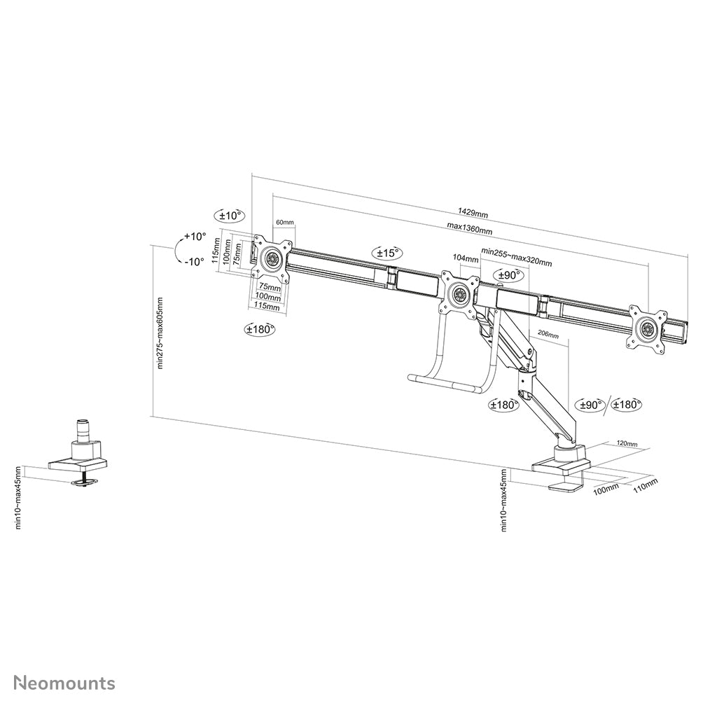 Neomounts NM-D775DX3WHITE – Monitorarm, Dreifach, Tischklemme, bis 27", VESA 75 × 75/100 × 100 mm, 6 kg, weiss