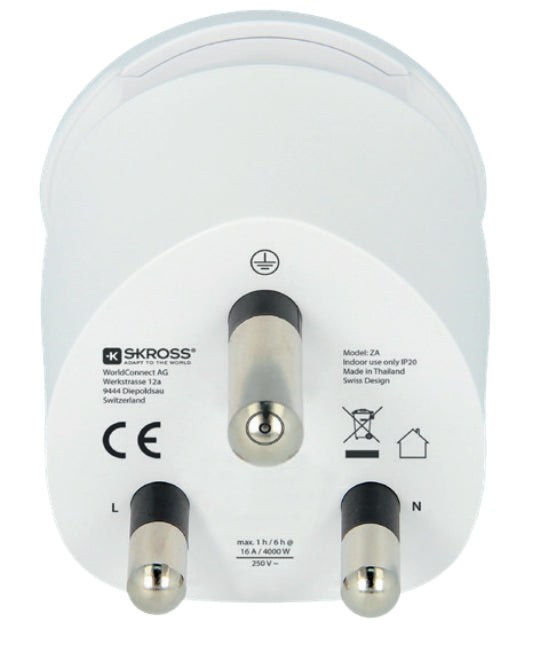 Skross Country Reiseadapter – geerdet, mit Sicherung – von Südafrika → Welt – 16 A, 100–250 V – weiss