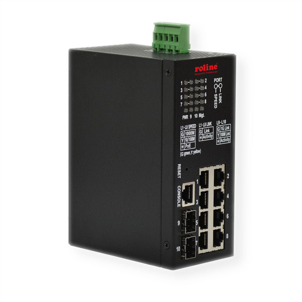 ROLINE Industrial 10-Port – Managed L2 Switch – 8× 1G, 2× SFP, PoE+, PoE-Budget 113 W, Hutschienenmontage