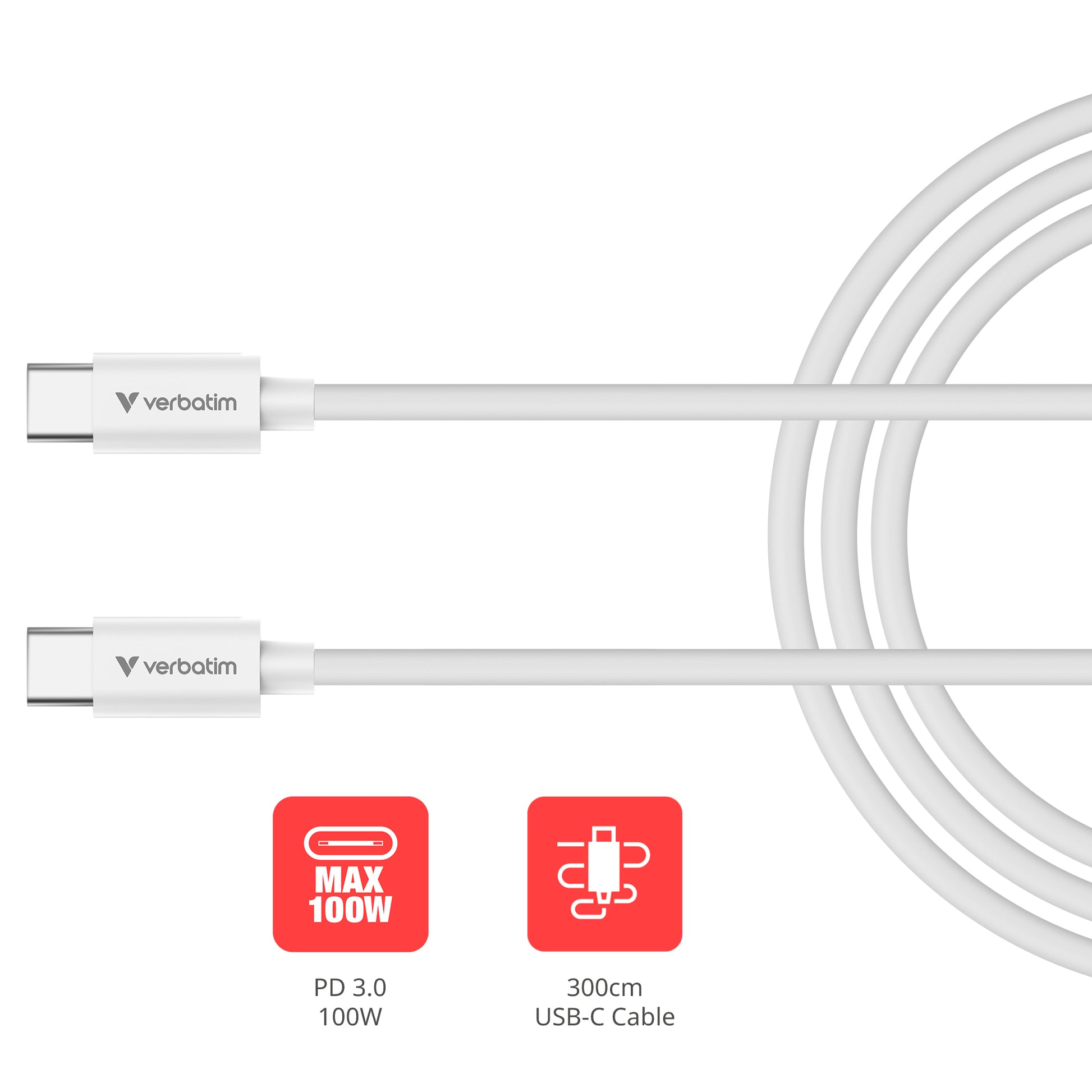 Verbatim USB-C auf USB-C Kabel – USB 2.0 (480 Mbit/s) – 3 m – PD 100 W – Weiss