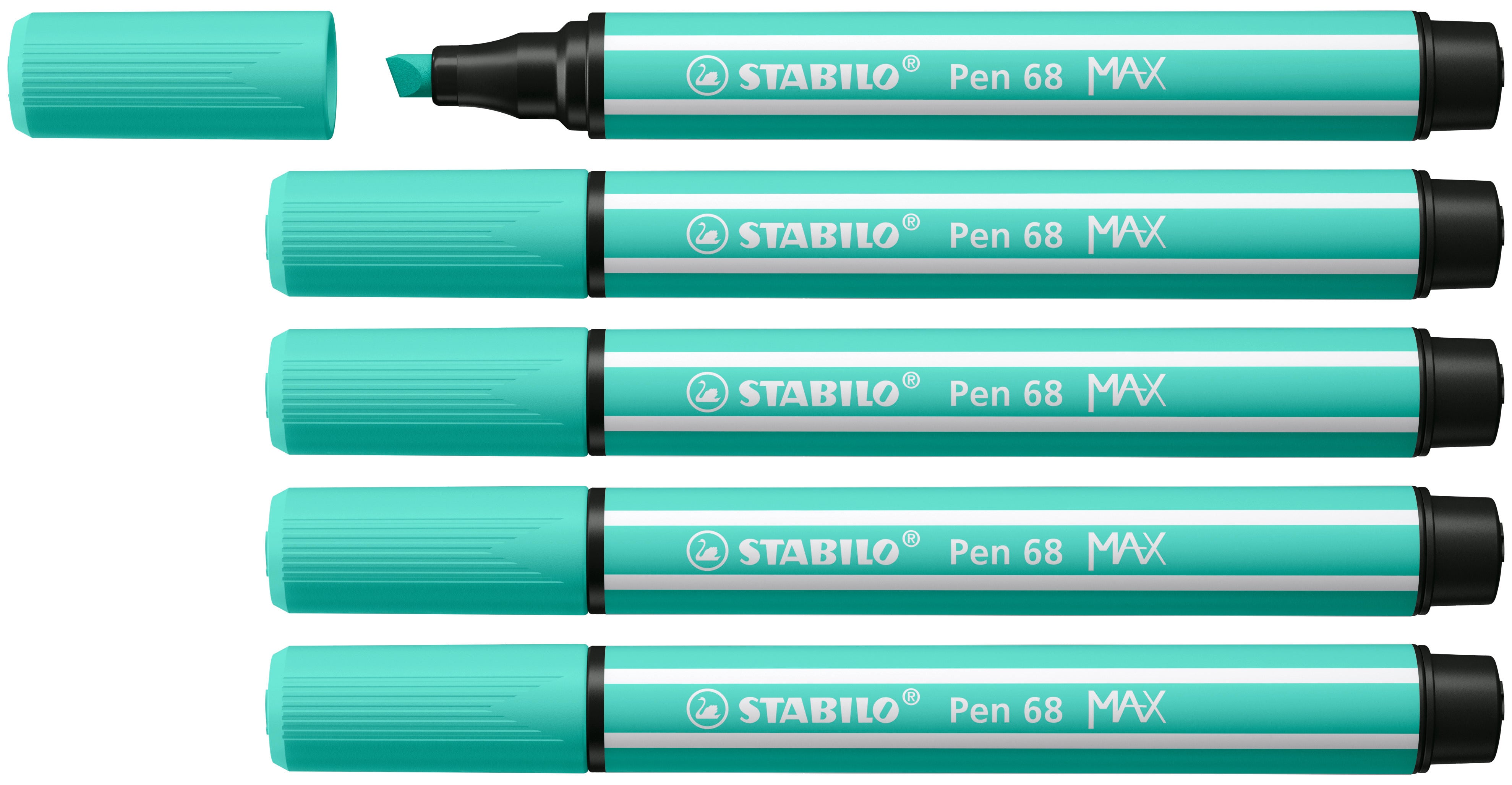 STABILO Pen 68 MAX Filzstift, Doppelspitze – Keilspitze, 1 + 5 mm, wasservermalbar, Türkis, 5er Set